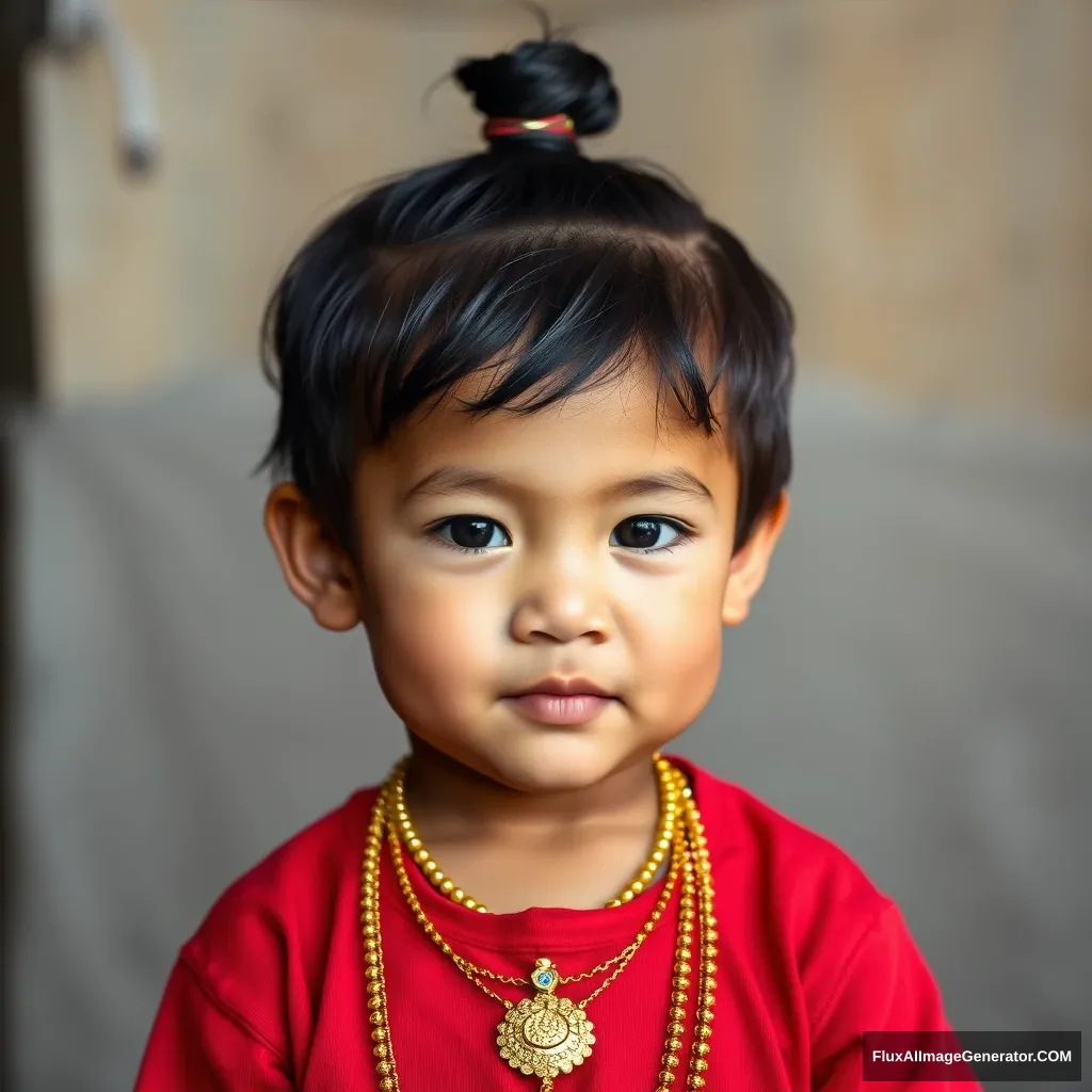 A cute 3-year-old boy with chubby cheeks and a traditional topknot hairstyle. He is wearing a round-necked, red cotton shirt, adorned with gold accessories. The image is a half-body portrait, capturing his charming expression and detailed clothing and jewelry.