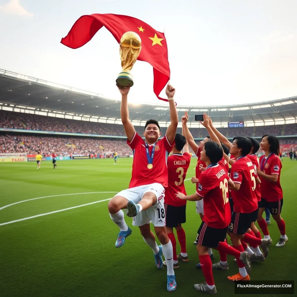 "China's football team wins the World Cup, lifts the Hercules Cup and waves the five-star red flag." - Image