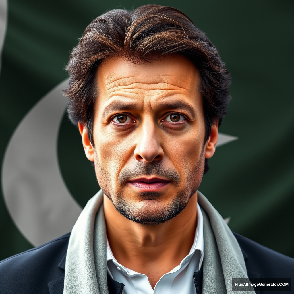 "Can you create a 100% real image of Imran Khan that looks exactly like Imran Khan with a background of the Pakistani flag?" - Image