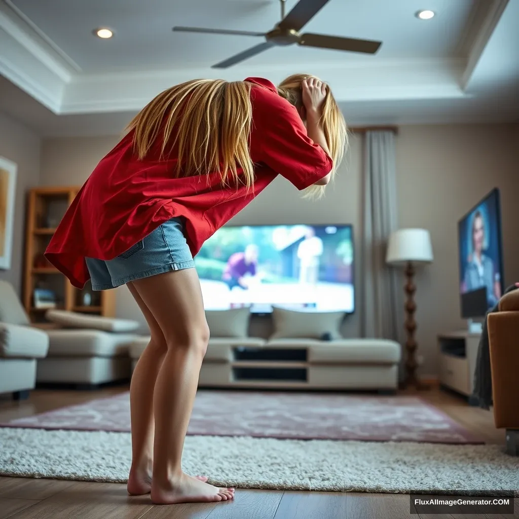 Side view of a skinny blonde woman in her early twenties in a large living room, wearing an oversized red polo shirt that is slightly uneven on one shoulder, with the bottom part untucked. She has on light blue denim shorts and is barefoot, facing her TV as she bends down in preparation to dive into the magical screen. - Image