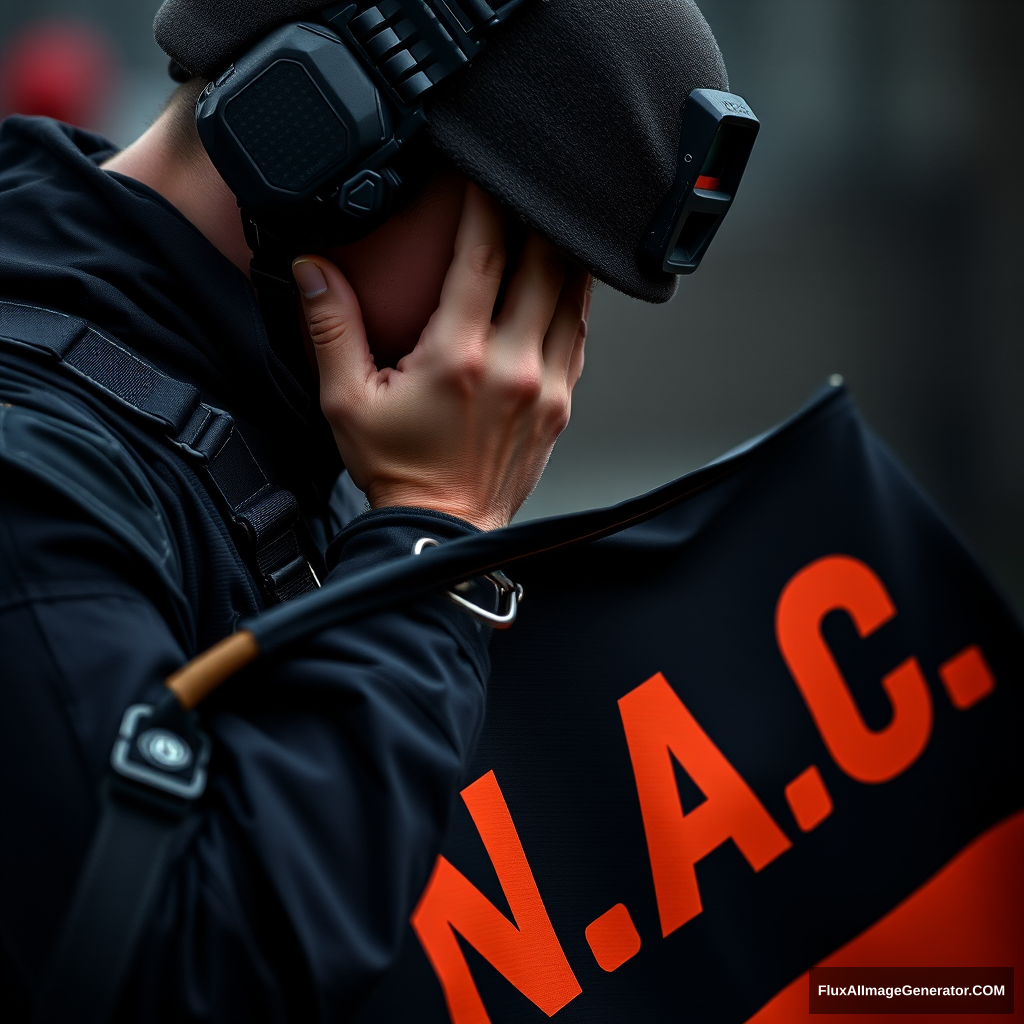 A soldier in dark gear lowered his head and covered his face with his hand in shame, holding a flag with the black and orange inscription "N.A.C." - Image