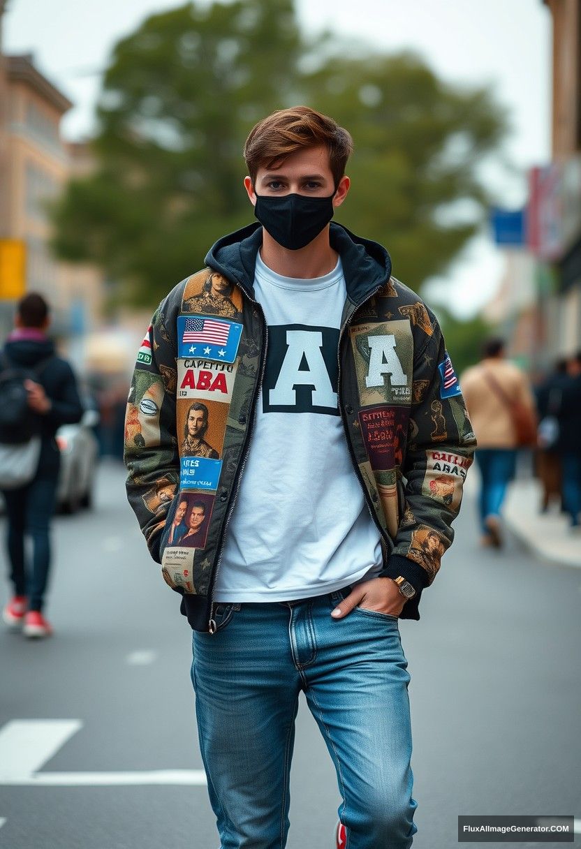 Jamie Dornan, young, black face mask, capital A collage jacket, jeans, red sneakers hyper-realistic, street photography.