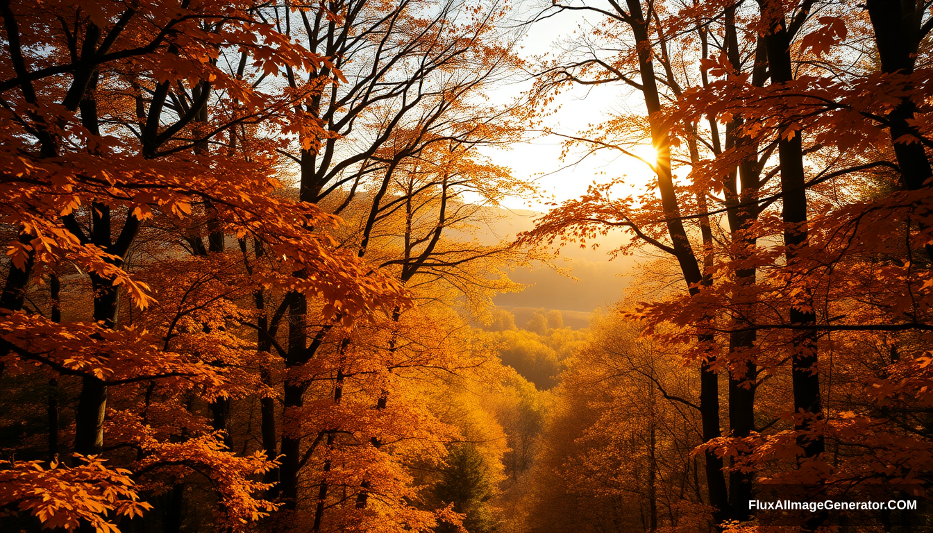 Create a highly realistic photograph of looking out from a dense beech forest in the autumn. The scene should capture vibrant orange and yellow leaves falling and dancing in the wind. The trees should have only orange and yellow leaves, with no green leaves visible. The viewer is positioned within the trees, witnessing the light from the setting sun creating soft, warm light shafts between the trees. The forest should appear thick and lush, with an opening on the horizon revealing the fields beyond. The atmosphere should be peaceful and serene, with high humidity making the light shafts more pronounced and visible. The overall mood should evoke a late autumn afternoon, with natural lighting and textures that enhance the realism. Ensure the leaves are depicted in true autumn colors without any red hues. Ensure that the sun can be seen in the image and the light shafts from the sun shine in between the trees.