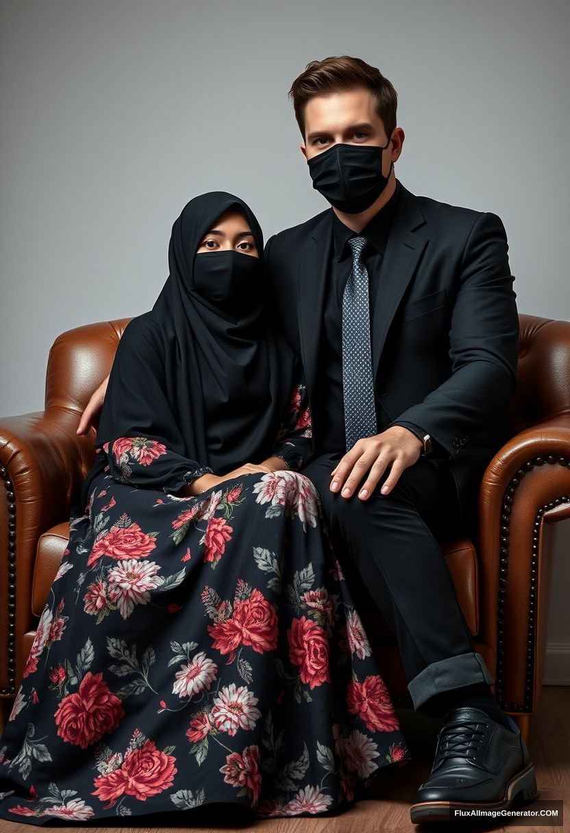 A biggest black hijab girl, slim girl, beautiful eyes, face mask black, biggest floral longest dress, sitting on leather single wing sofa, 

Jamie Dornan, youngest, black suit coat, grey pattern tie, black leather sneaker, tall man, face mask black, tough body, sitting near her,

hyper-realistic, studio photography. - Image