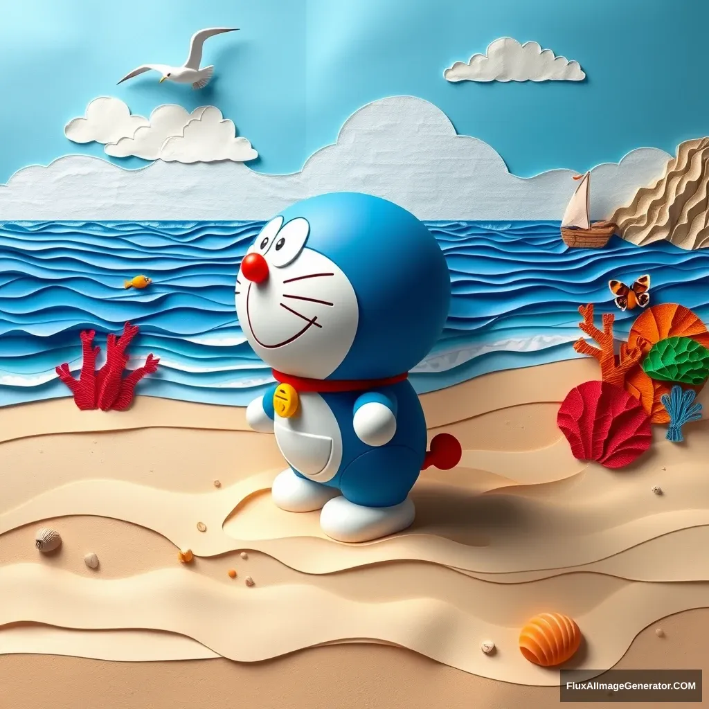 The adorable blue robotic cat, Doraemon, stands on the beach, his iconic round body creating a delightful contrast against the vast blue ocean. The scene is presented in a beautiful paper art style, with intricate folds and layers giving the image a tactile quality, almost three-dimensional. The beach is made of layered paper, featuring realistic textures and subtle color variations that mimic flowing sand. Tiny shells and pebbles are scattered around, showcasing meticulous details. The ocean is depicted with translucent blue paper, capturing the movement and texture of water. Small layered paper waves gently roll towards the shore, while a paper sailboat merrily sails in the distance, its sail billowing in the light breeze. Behind Doraemon, a vibrant coral reef comes alive, crafted from brightly colored, richly textured paper. Colorful fish swim among the coral, their scales glinting in the sunlight. Above, a bright blue sky stretches out, made from layers of paper, with delicate cloud shapes floating on the surface. A solitary seagull flies overhead, its wings spread across the sky. Doraemon stands with a gentle smile, his iconic pocket seemingly ready to release a new gadget or adventure. Every detail of Doraemon, from his whiskers to the stitching on his pocket, is meticulously rendered in a paper craft style, making him appear almost tangible. The overall effect is one of joyful whimsy and wonder, capturing the magic of Doraemon and the beauty of the beach in a uniquely tactile and imaginative way.