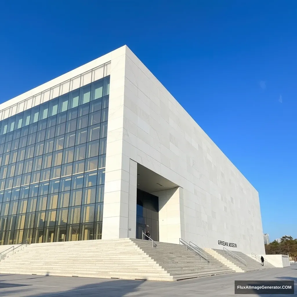 White stone, museum, one side of the facade is a full mirror, huge volume, beautiful object shape, Seoul, Cheongdam-dong.