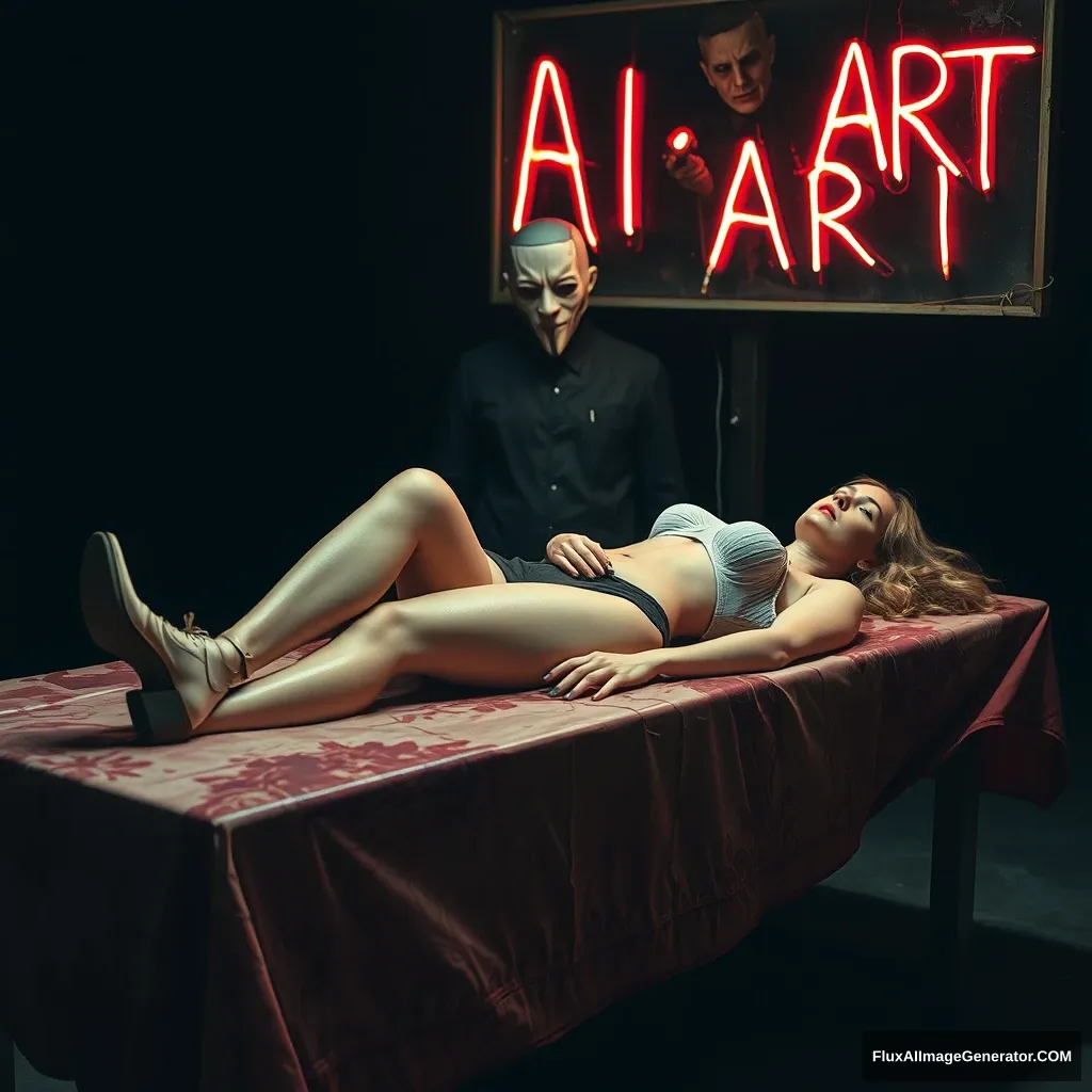 A woman lay on the butcher table, shoes, night, neo. The sign said: "AI ART", a horrible butcher with a mask standing behind in the dark. - Image