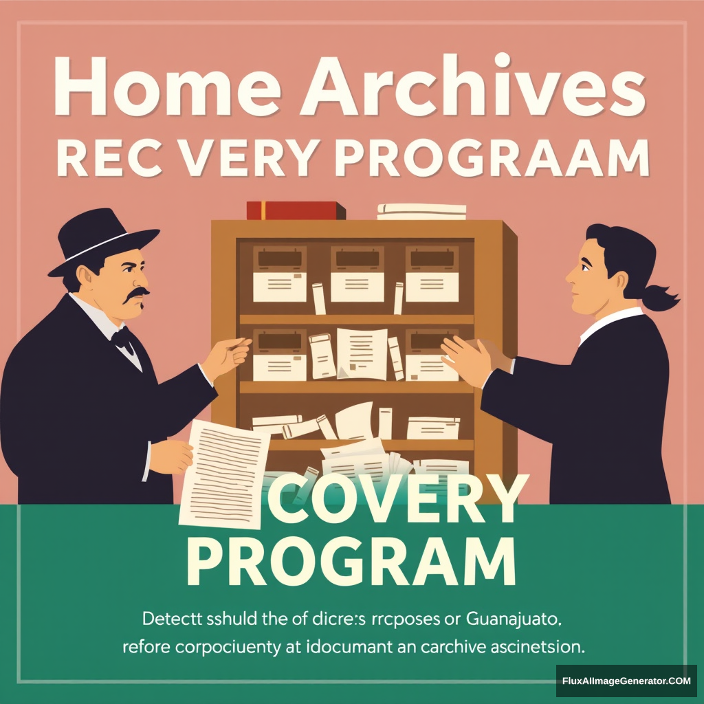 Make a promotional poster for a program called: Home Archives Recovery Program. The poster should depict historical figures from Guanajuato and other citizens depositing documents in an archive cabinet.