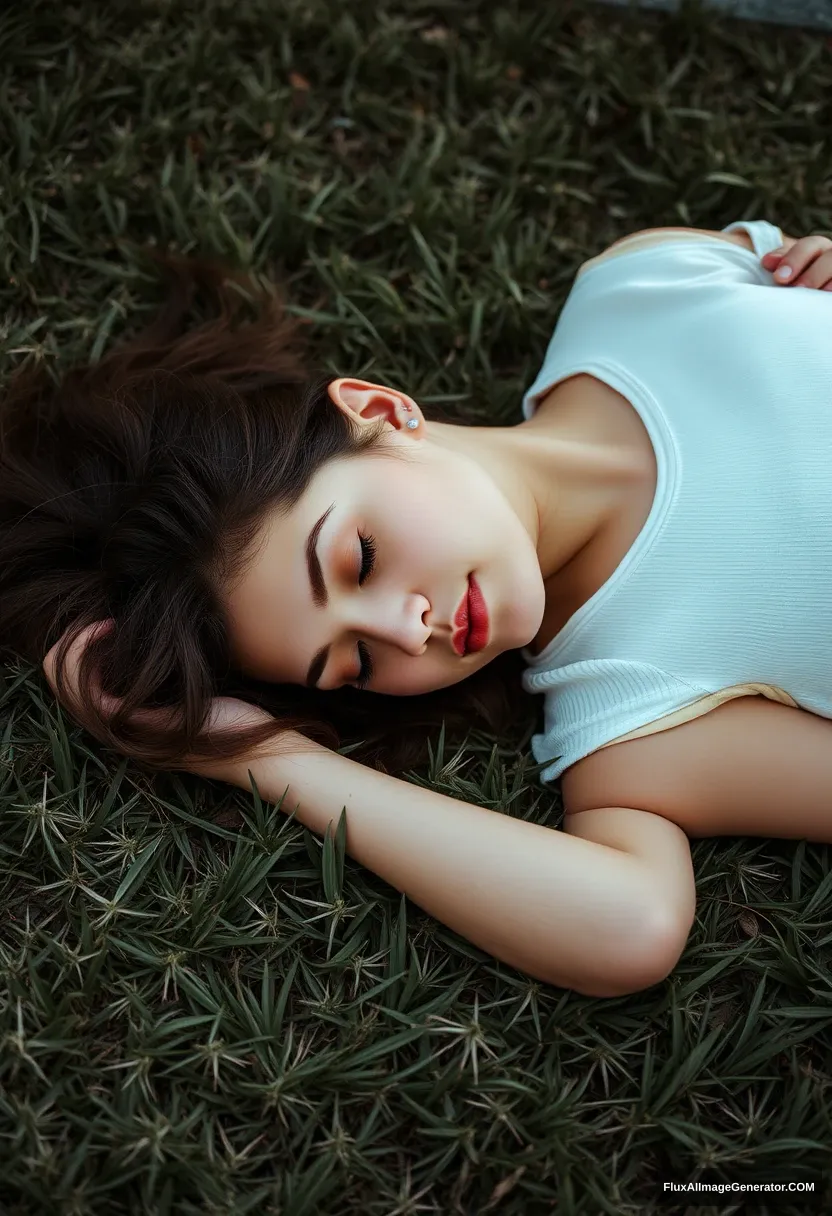 A young woman sleeping on the grass. - Image