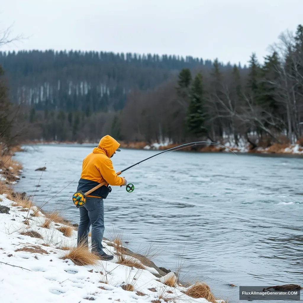 A yellow guy is fishing beside a river in winter.