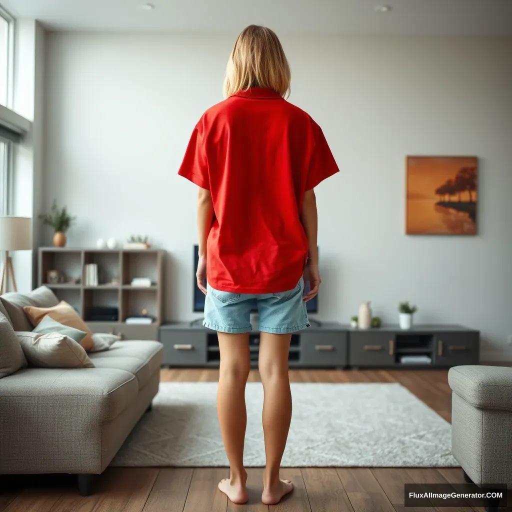 Front view of a young blonde skinny woman who is in her early twenties, in her massive living room, wearing a massively oversized red polo t-shirt that is a bit off balance on one of the shoulders. The bottom part of her t-shirt is tucked in, and she is also wearing light blue denim shorts. She is barefoot, facing her TV, and standing with both arms straight down. - Image