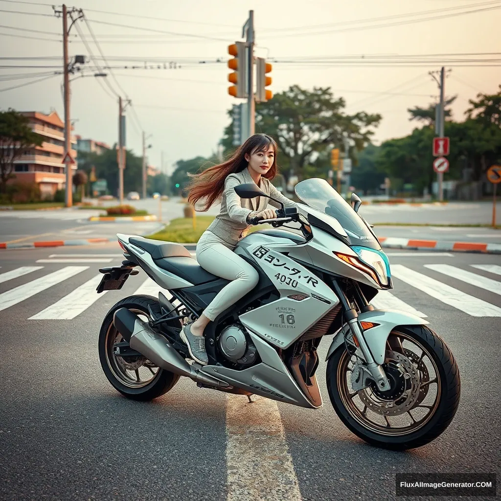 "At the crossroads, there is a woman riding a futuristic motorcycle, with Chinese characters or Japanese." - Image