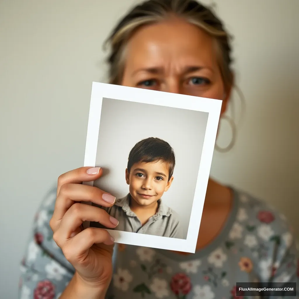 A mother is holding a photo of her son. - Image