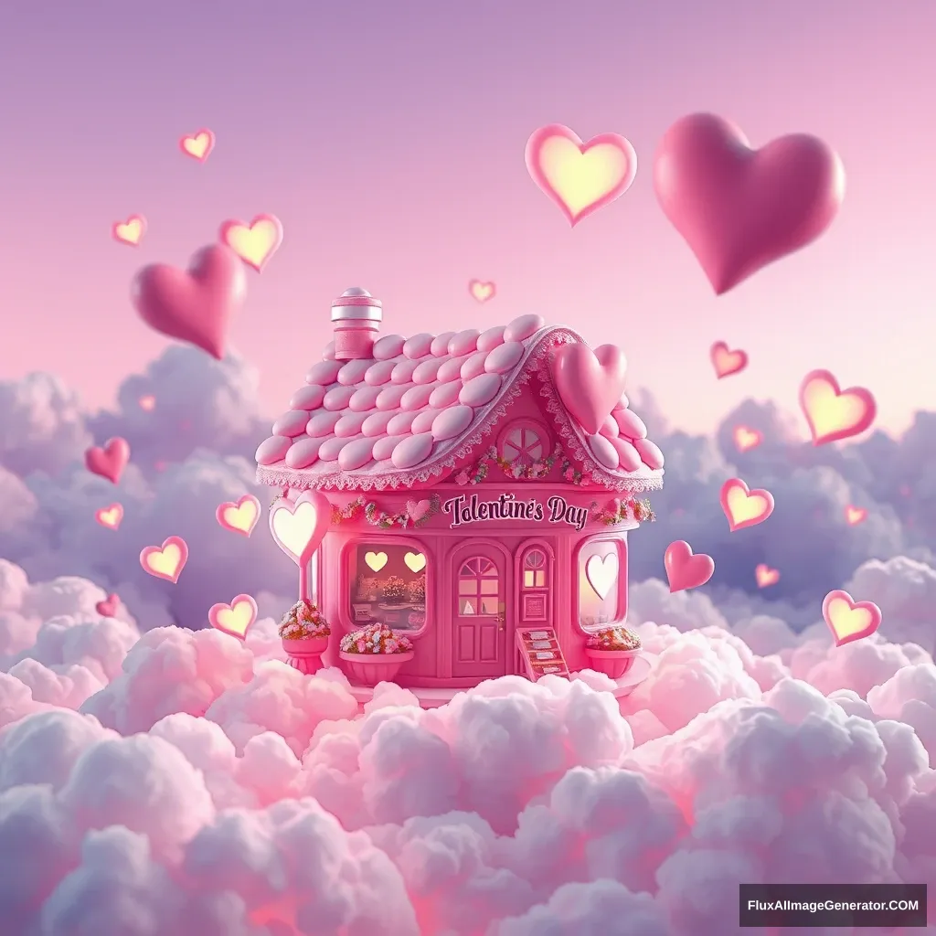 A pink candy shop on the clouds, 3D art style, surrounded by heart-shaped cloudscapes and glowing hearts, creating an atmosphere filled with love for Valentine's Day. A soft purple sky adds to its dreamy charm. High resolution, high quality, realistic, detailed. - Image