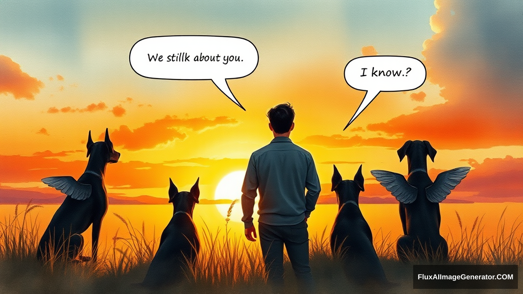 Watercolor illustration: a male figure in a meadow at golden hour, silhouetted against a vibrant sunset sky. Three winged canine Doberman companions sit beside him, facing away from the viewer. Speech bubbles float above: "We still talk about you" (person), "I know" (dog). A nostalgic atmosphere, brushstrokes convey wistful longing. - Image