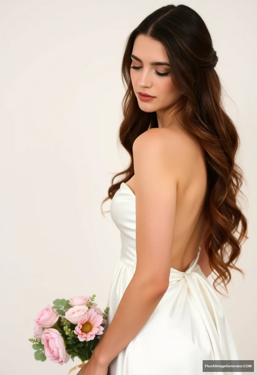 a young woman, sensitive, delicate, ashamed, backless strapless low-waisted silk wedding dress