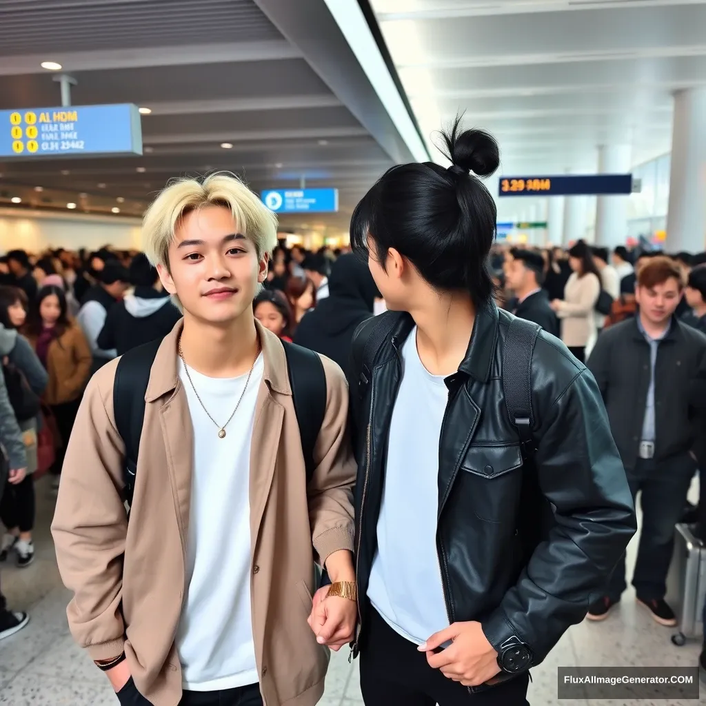 A man with ear-length blonde hair and a man with a ponytail of black hair are holding each other's hands in front of a huge crowd at the airport, both styled like K-pop idols.