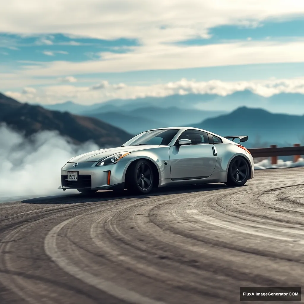 Create an image of a silver Nissan 350Z drifting on a Japanese mountain.