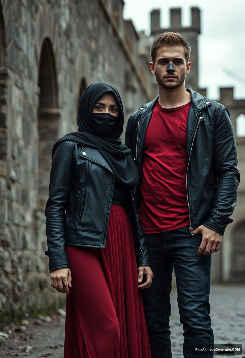 A biggest black hijab girl, beautiful eyes, face mask black, black leather jacket, biggest red longest dress, untall,

Jamie Dornan, handsome, face mask black, fit and tough body, metal red t-shirt, black leather jacket, jeans, tall man,

standing near wall together, 
Hyper realistic, photorealistic, street photography, Victoria's abandoned castle, gloomy.