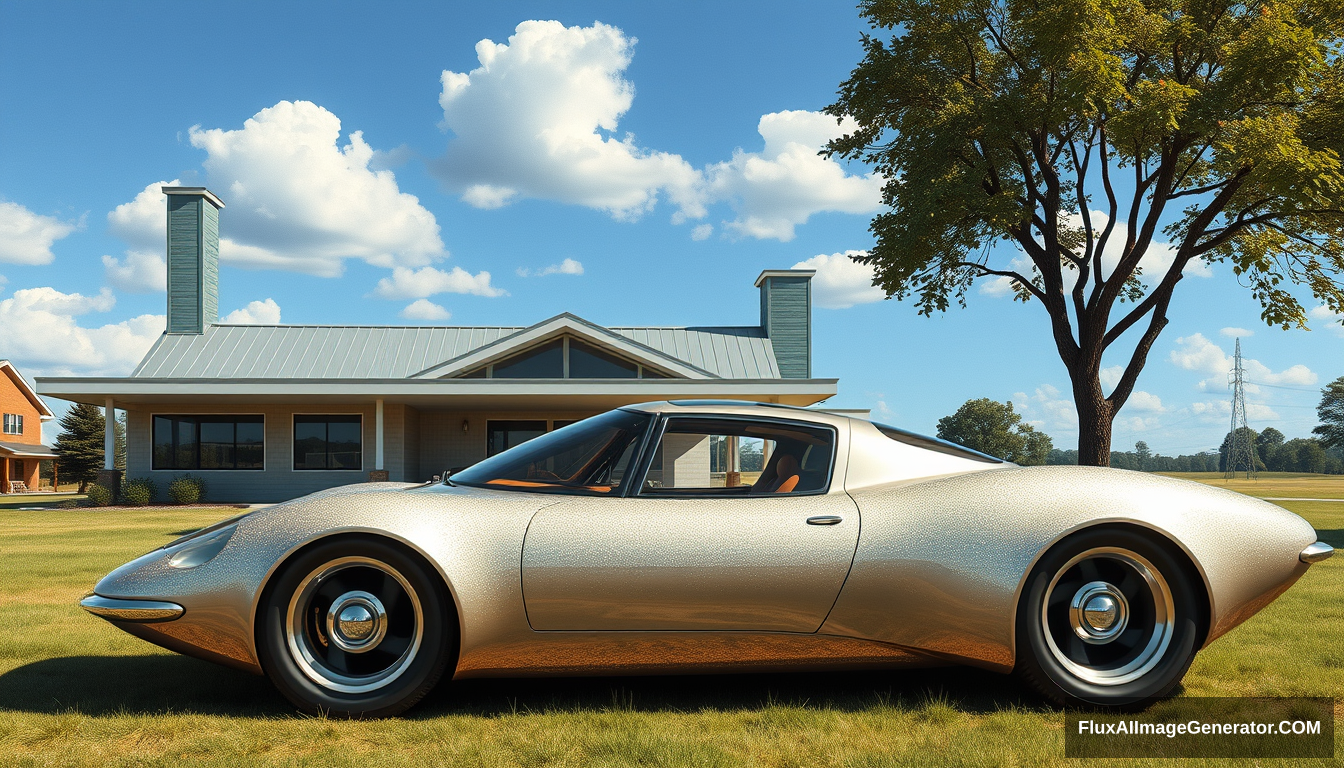 A radical concept car from the 1960s sitting in front of a Mid-Century Modern house, as painted by Syd Mead, in a country setting, 4k, bubble canopy, retractable landing gear, glitter paint job. - Image