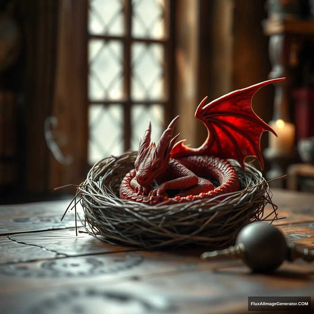 photorealistic, lotr, A tiny red dragon curled up asleep inside a nest, (Soft Focus), (f_stop 2.8), (focal_length 50mm) macro lens f/2.8, medieval wizard table, (pastel) colors, (cozy) morning light filtering through a nearby window, (whimsical) steam shapes, captured with a (Canon EOS R5), highlighting (serene) comfort, medieval, dnd, rpg, 3d, 16K, 8K - Image