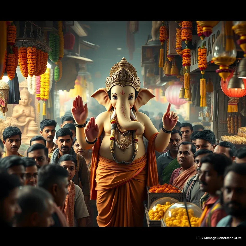 Create a 4K image using Unreal Engine, depicting Lord Ganesha as a real human god in the midst of a dense, bustling Indian market. Ganesha should be the same height as the surrounding people, blending seamlessly into the crowd, yet his divine presence subtly stands out. He is dressed in a blend of traditional dhoti and modern attire, with his human-like features reflecting a calm and joyful demeanor.

The market is alive with vibrant stalls selling marigold garlands, clay idols, sweets, and colorful decorations. The air carries a hint of dust, adding a layer of realism to the scene. People around him are frozen in a moment of surprise and awe, some smiling, others wide-eyed as they recognize the god among them. The vibrant colors of the market, the rich textures, and the interplay of light and shadow should be rendered in stunning detail, capturing the essence of an authentic Indian market with a touch of the divine.

Include subtle details like Ganesha reaching out for fresh flowers, examining the finest modaks, while the vendors and shoppers are caught off guard, their expressions a mix of reverence and disbelief. The overall atmosphere should be a blend of the divine and the everyday, creating a captivating and immersive scene. - Image