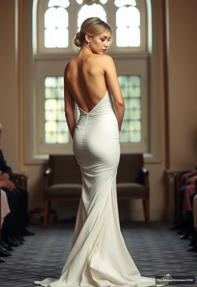 A short young woman, sensitive and delicate, wearing a backless, strapless, side-less, low-waisted contouring wedding dress with a loose open back spilling to the sides, which appears intentionally undone, in front of elder patriarchy, expectations, and perfect posture. - Image