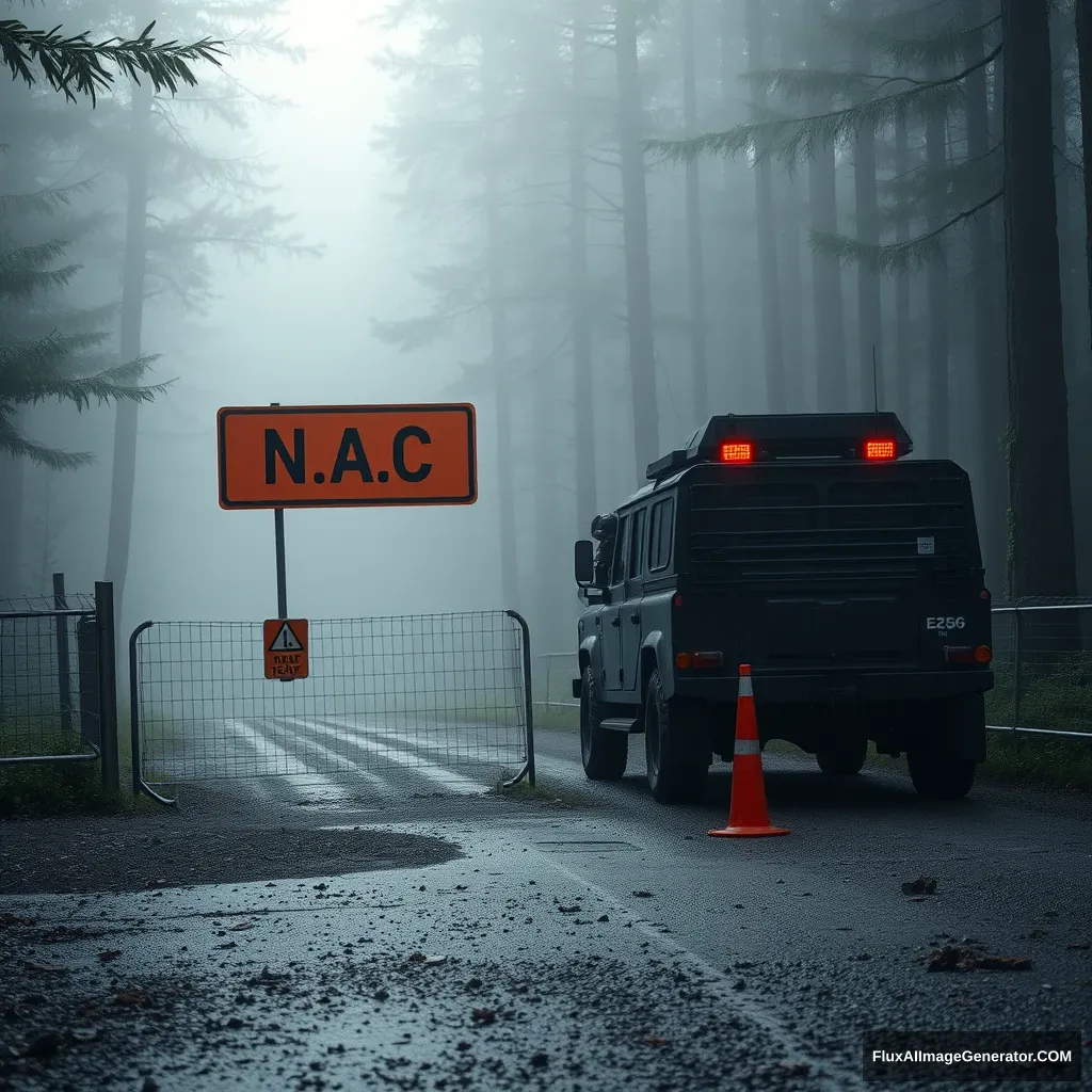 checkpoint with a fence and an armored vehicle with soldiers in dark gear, with a black and orange sign N.A.C. in the forest, in the fog