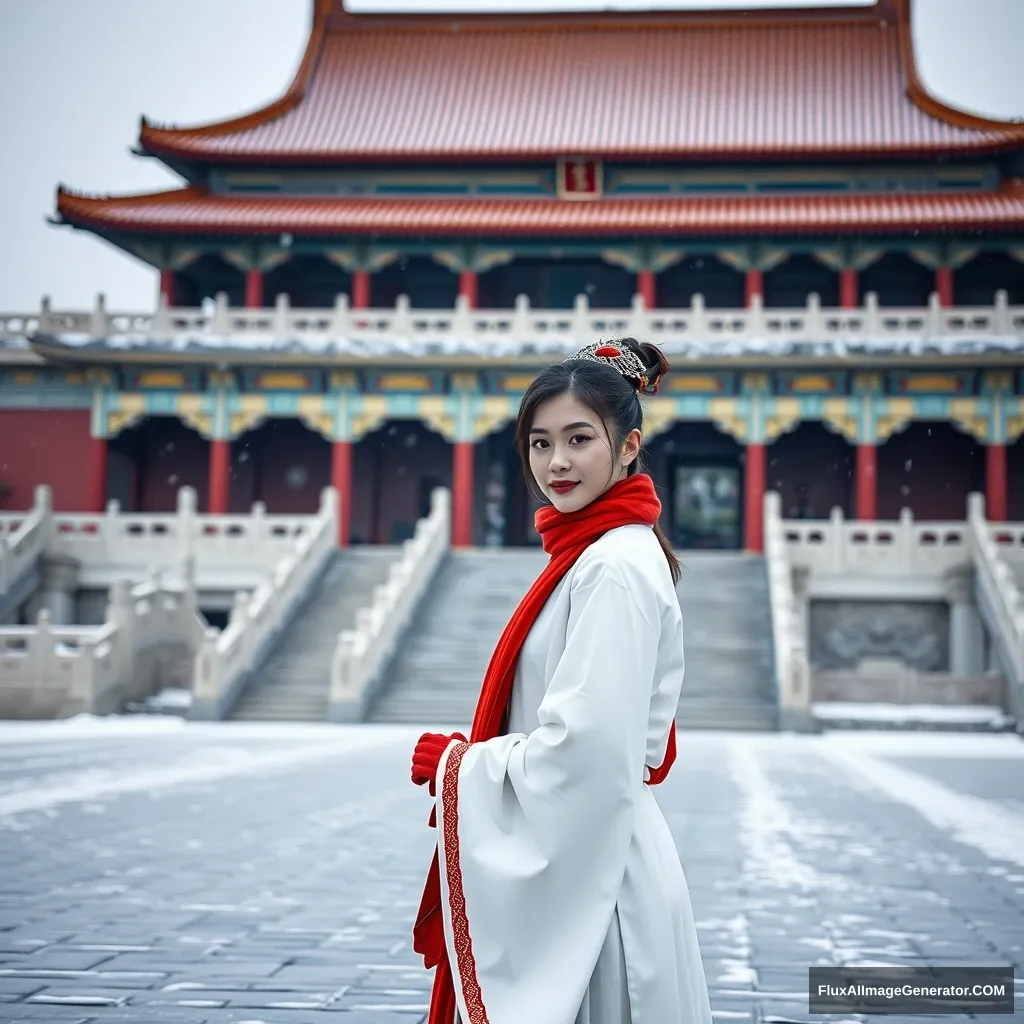 In front of the Forbidden City, a woman in a white ancient costume, wearing a red scarf and red gloves, is facing the photographer in front of the snowy scenery.