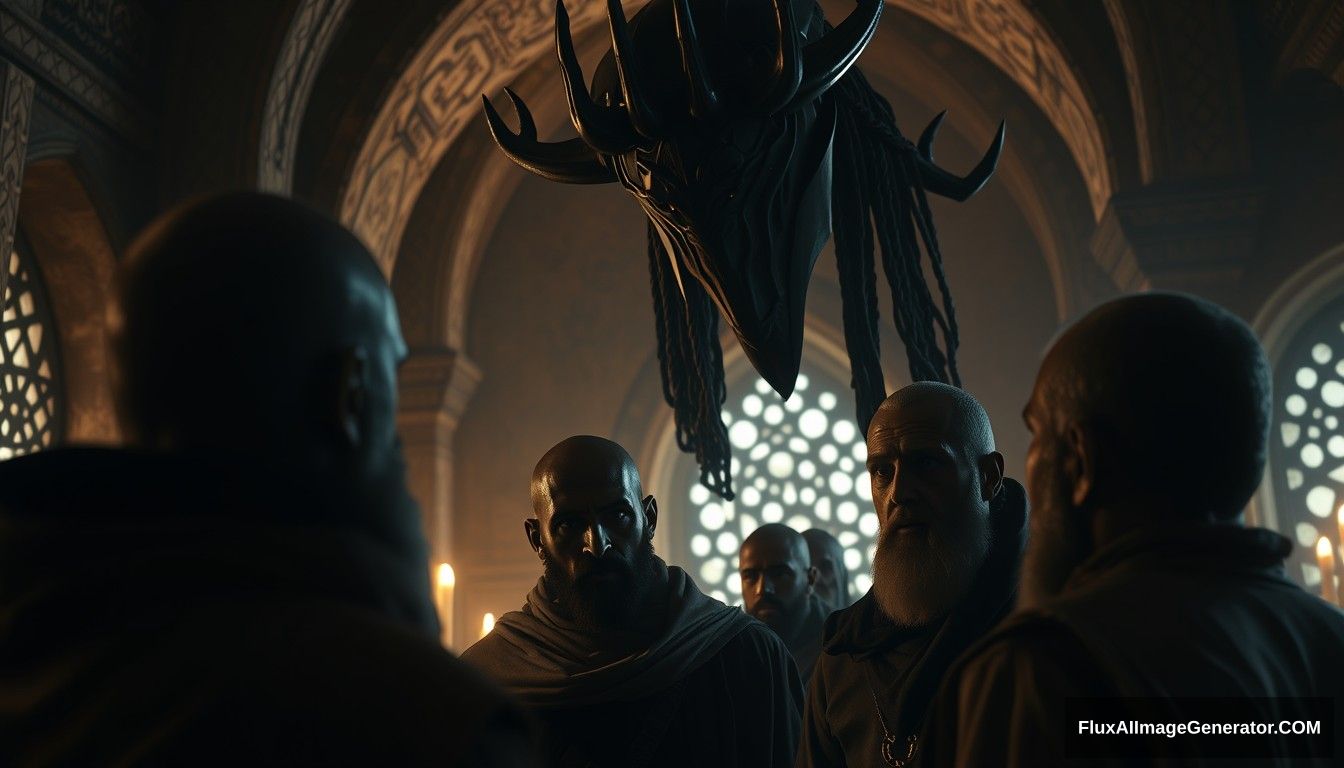 Close-up scene inside the monastery, showing Dajjal asking questions to a group of men. The atmosphere is tense, with Dajjal's imposing figure looming over them. Ultra HD, realistic, intense, with dramatic and cinematic lighting. - Image