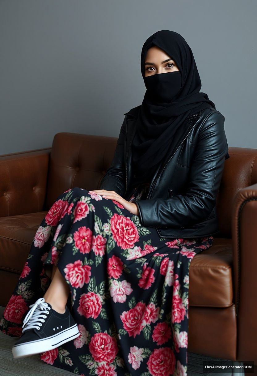 A biggest black hijab girl, burqa, beautiful eyes, black leather jacket, biggest floral long dress, black leather sneaker, sitting on leather single sofa, hyper realistic, studio photography.