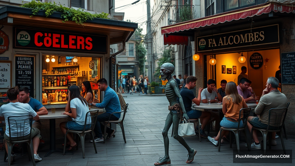 Real-life photography, wide shot: There are two small shops selling alcohol, with tables and chairs set up outside, where many young men and women are drinking and chatting. A zombie (like the zombies from Plants vs. Zombies) walks by.