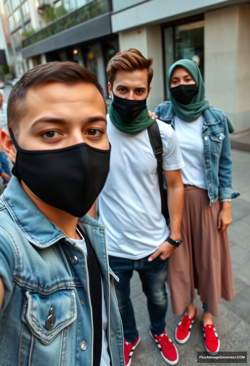 Jamie Dornan, young, black face mask, white T-shirt, jeans, red sneakers, dating a beautiful Muslim girl in a green hijab, with beautiful eyes, black face mask, jeans jacket, longest skirt, not tall girl, photorealistic, street photography, full photography, selfie photos.