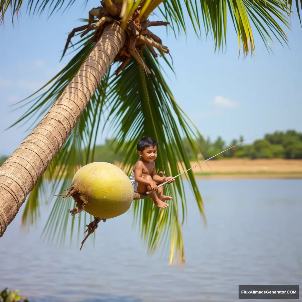 Small boy sitting in coconut tree and fishing by the riverside.