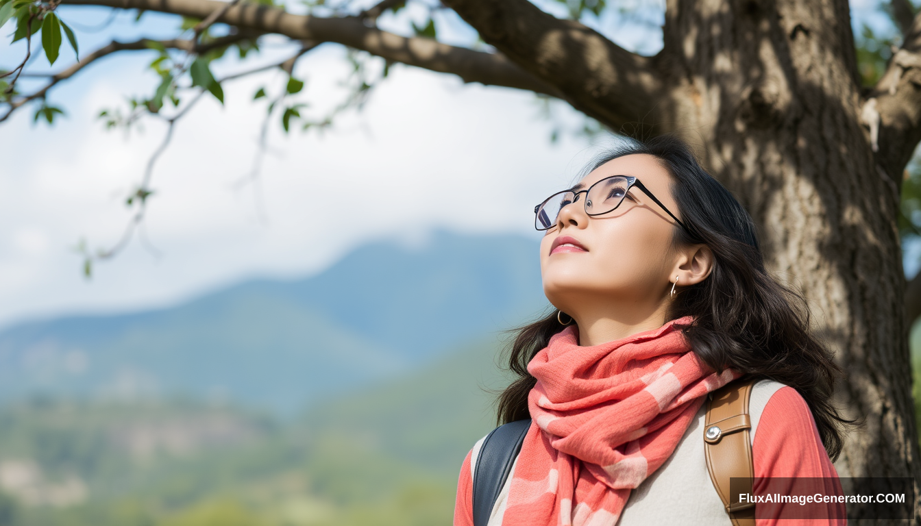 A woman is looking at the tree.