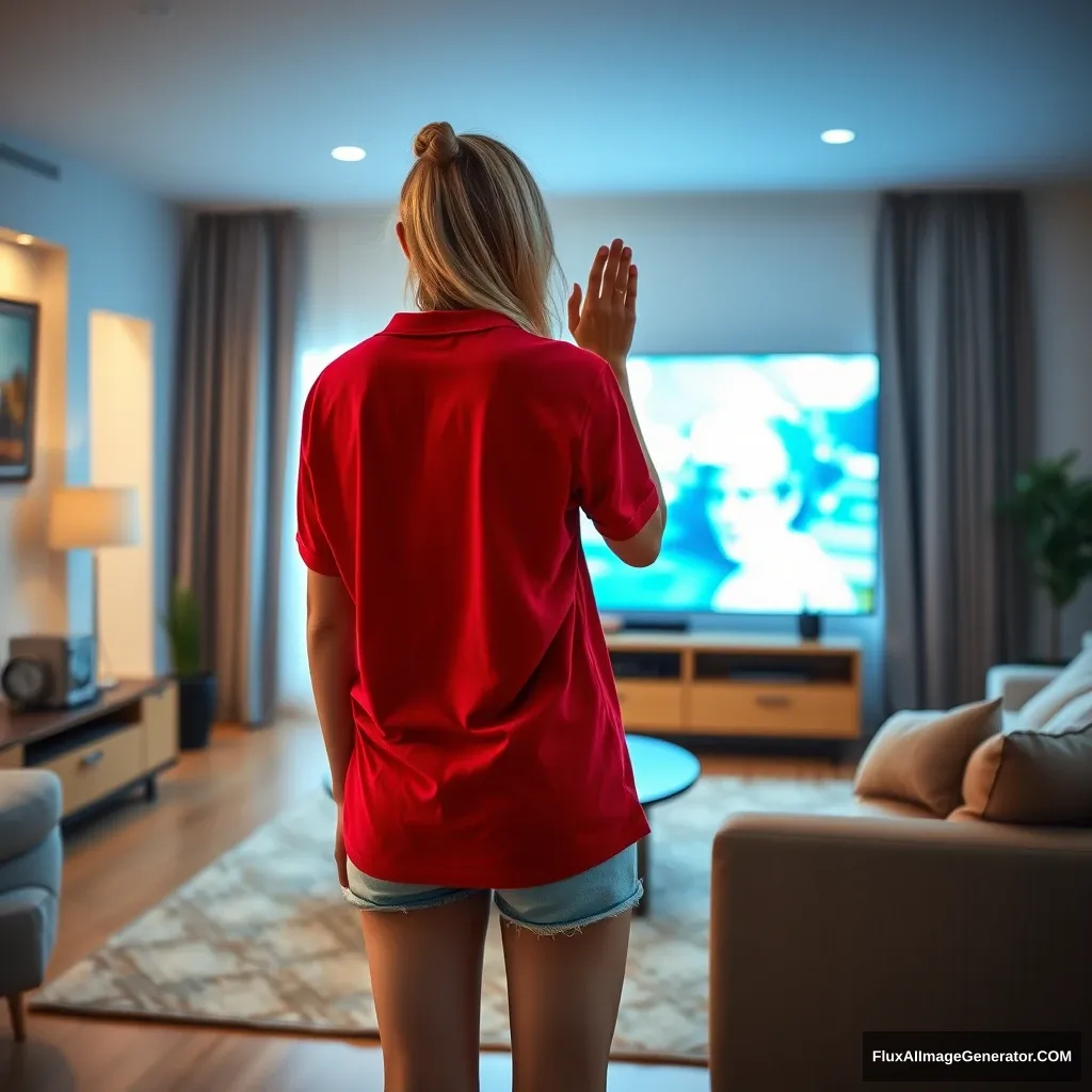 Back view of a young blonde skinny woman in her early twenties, standing in her massive living room, wearing a massively oversized red polo t-shirt that is really off balance on one shoulder. The bottom part of her t-shirt is tucked in, and she is also wearing light blue denim shorts. She has no shoes or socks on and is facing her TV with a shocked expression as she dives headfirst into the magical TV.