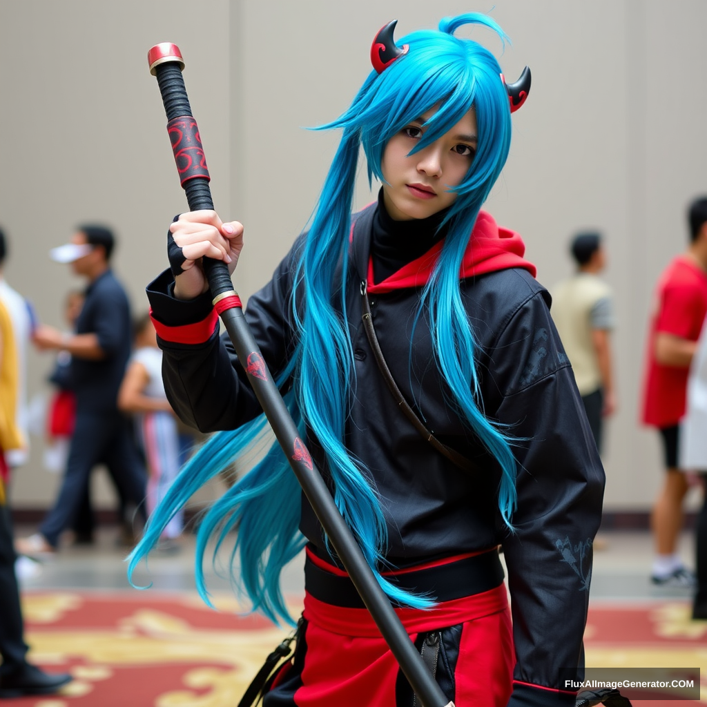 Full picture of a guy cosplaying as Rimuru, posing with his weapon. - Image