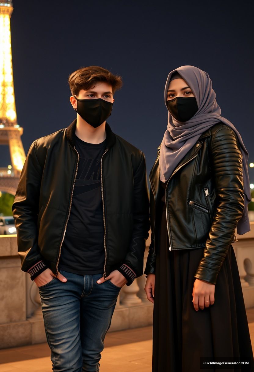 Jamie Dornan, young, black face mask, collage style jacket, Nike t-shirt, jeans,

Dating, love with the biggest grey hijab Muslim girl, beautiful eyes, black face mask, leather jacket, biggest longest skirt, cute,

standing near the Eiffel Tower, night scenery, hyper realistic, photorealistic, street photography. - Image