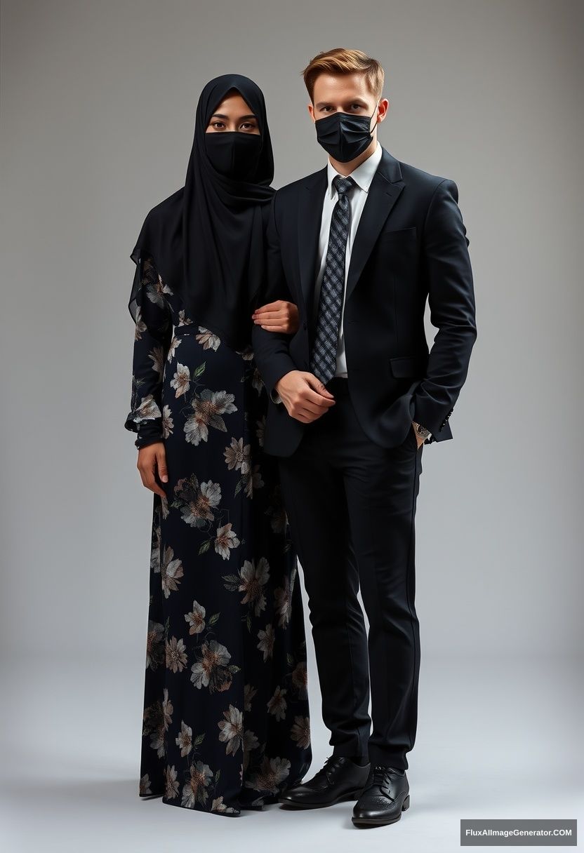 A biggest black hijab girl, beautiful eyes, face mask black, biggest floral longest dress, standing hold his arm

Jamie Dornan, youngest, black suit coat, white shirt, grey pattern tie, black leather sneaker, tall man, face mask black, fit tough body, standing near her,

hyper realistic, studio photography.