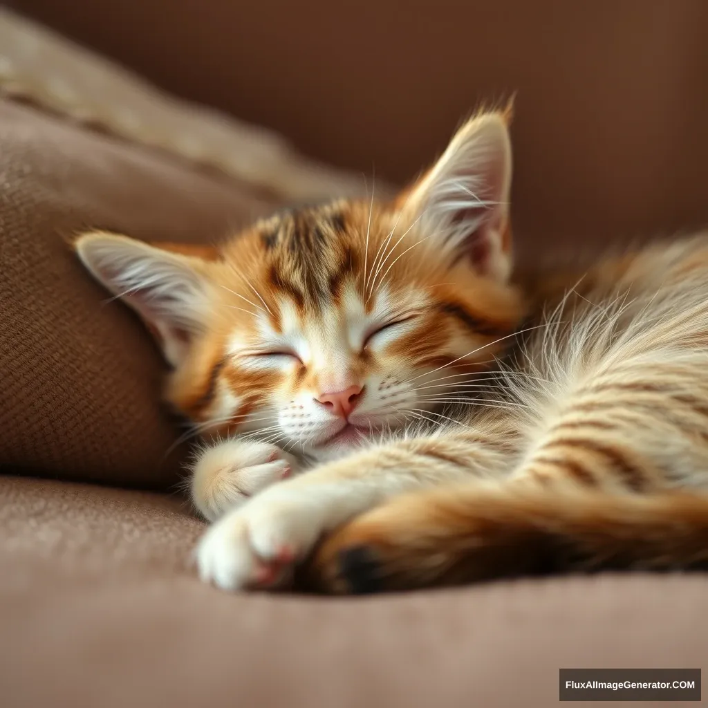 a cute kitten sleeping on the couch