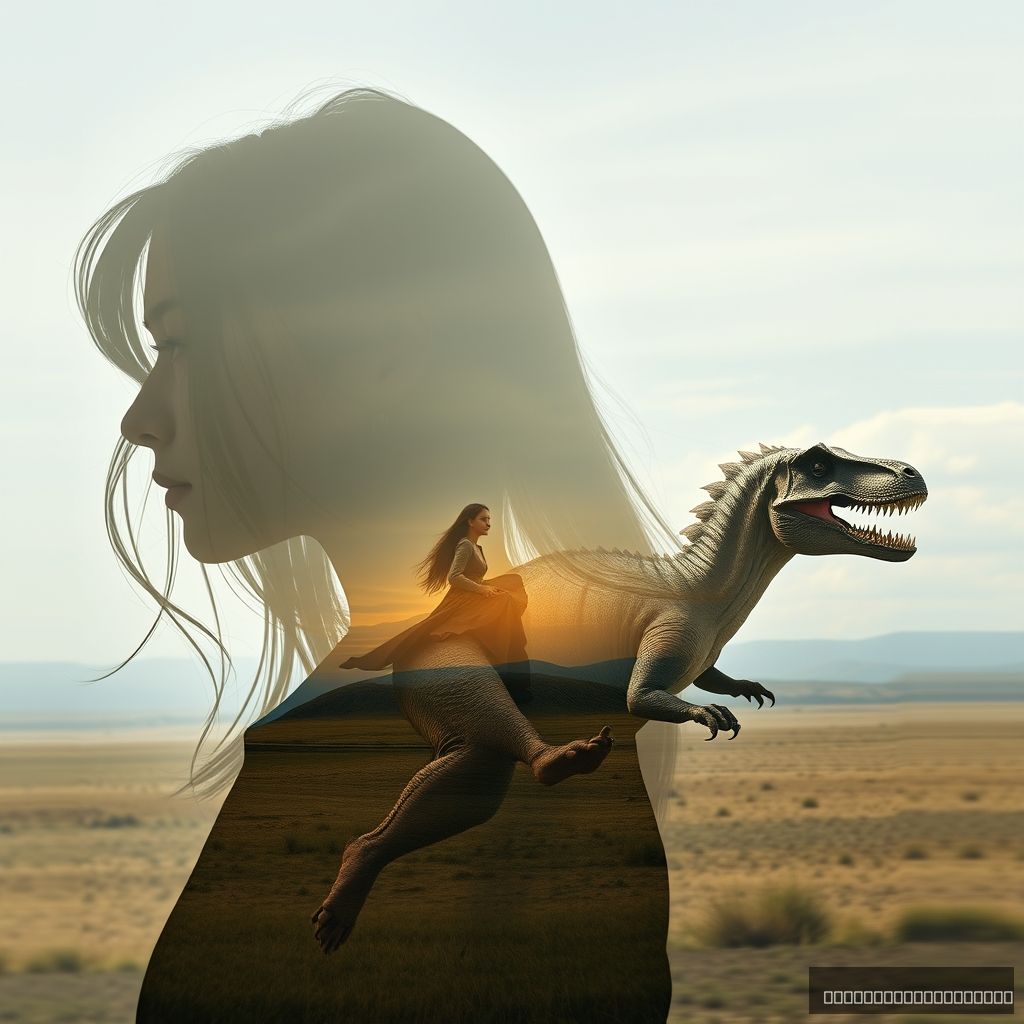 Double exposure, a silhouette profile portrait of a young Mongolian woman with long hair superimposed against a long shot of a Mongolian woman riding a running T-rex dinosaur at speed across the plains, fantastic view, 32k, cinematic, hyper-realistic.