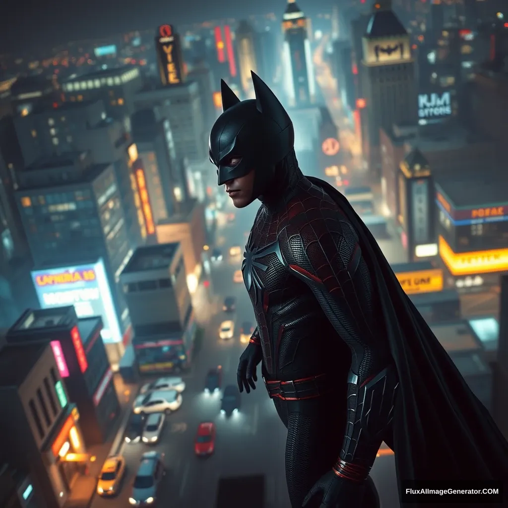 spiderman, batman, night scene, cyberpunk, city, height, aerial view, cars bottom, streets, cinematic lighting, hyperrealistic, quality - Image