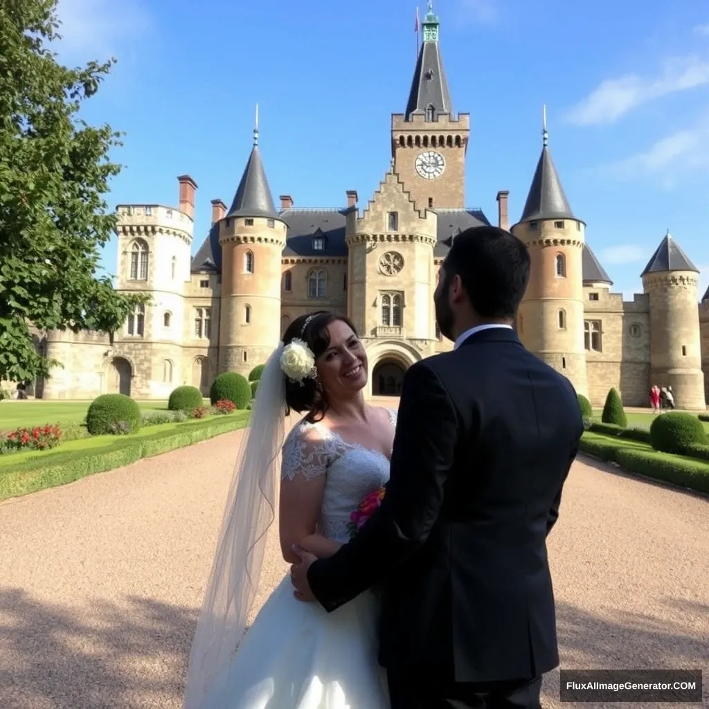 A couple is taking wedding photos in front of a historical castle. - Image