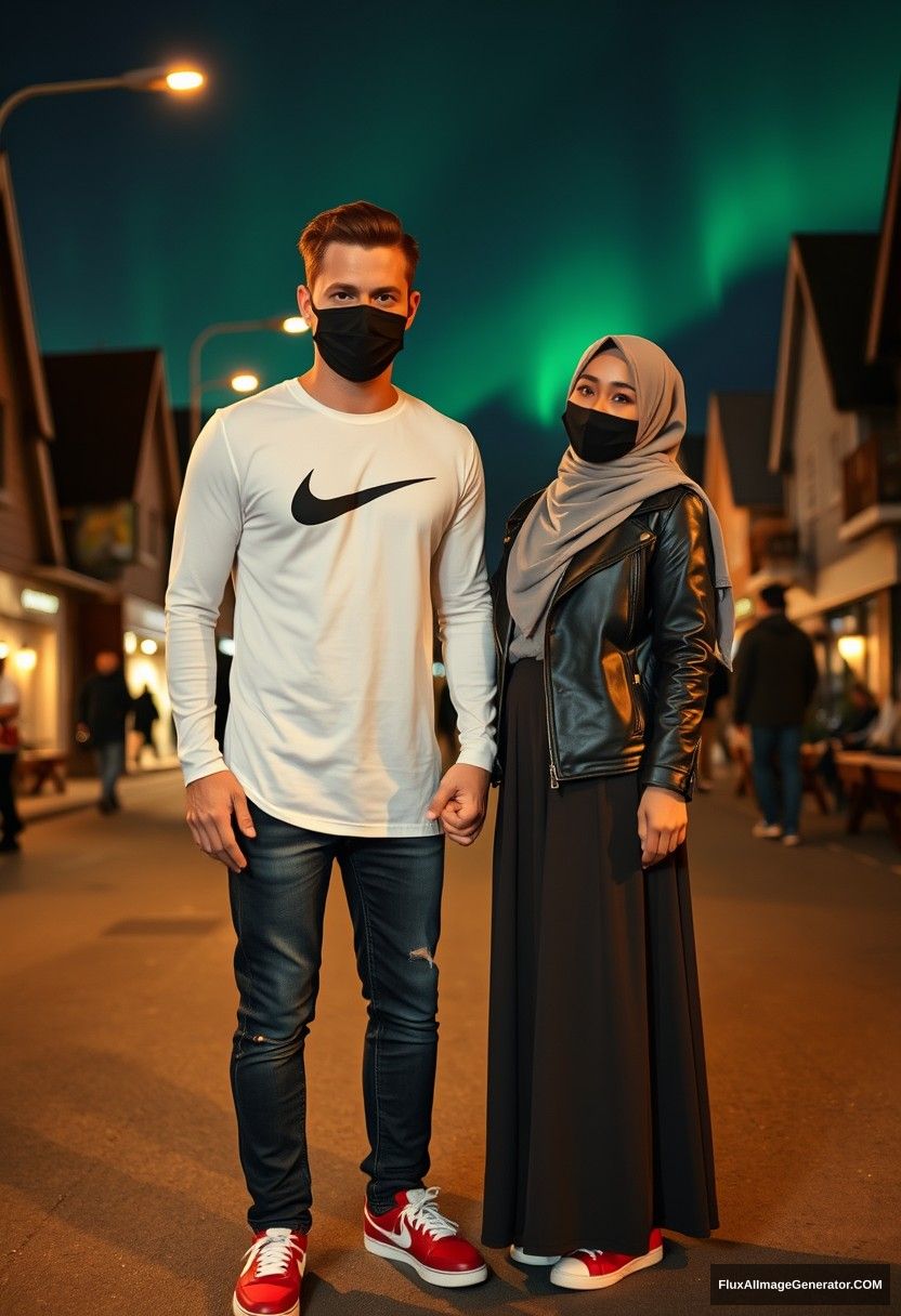 Jamie Dornan, tall and handsome, wearing a black face mask, a long-sleeve white Nike T-shirt, jeans, and sneakers, is dating a beautiful Muslim girl in a grey hijab. She has beautiful eyes, is wearing a black face mask, a leather jacket, and the longest and biggest skirt, and she is not tall, sporting red sneakers. They are holding hands and standing together in town, portrayed in a photorealistic style with street photography, full photography, and selfie photos set against a night scenery with auroras.