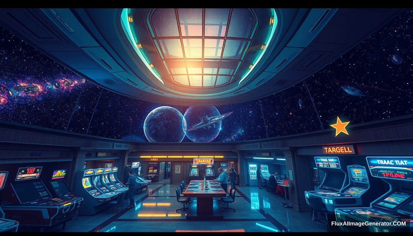 Cel shaded art, wide shot, from above, Dutch angle, from side, perspective, intense angle, depth of field, space, universe, space station, lobby, sunlight, retro, 70s, indoor, night, star, neon, warm light, game room, entertainment, glass ceiling.