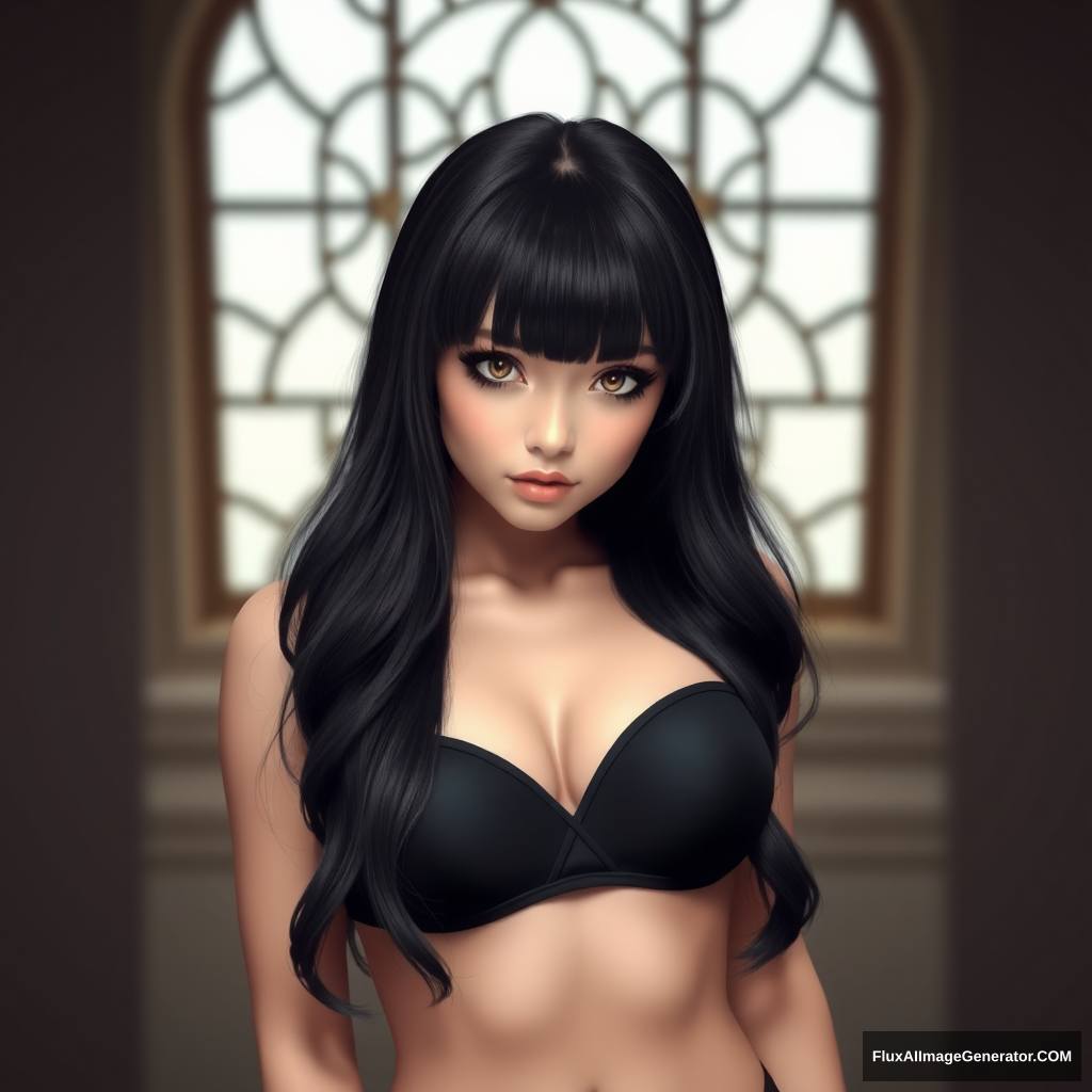 gorgeous alluring face, black eyeliner, long lashes, glossy black hair with bangs, small bust, petite body, toned waist, feminine hips and thighs - Image