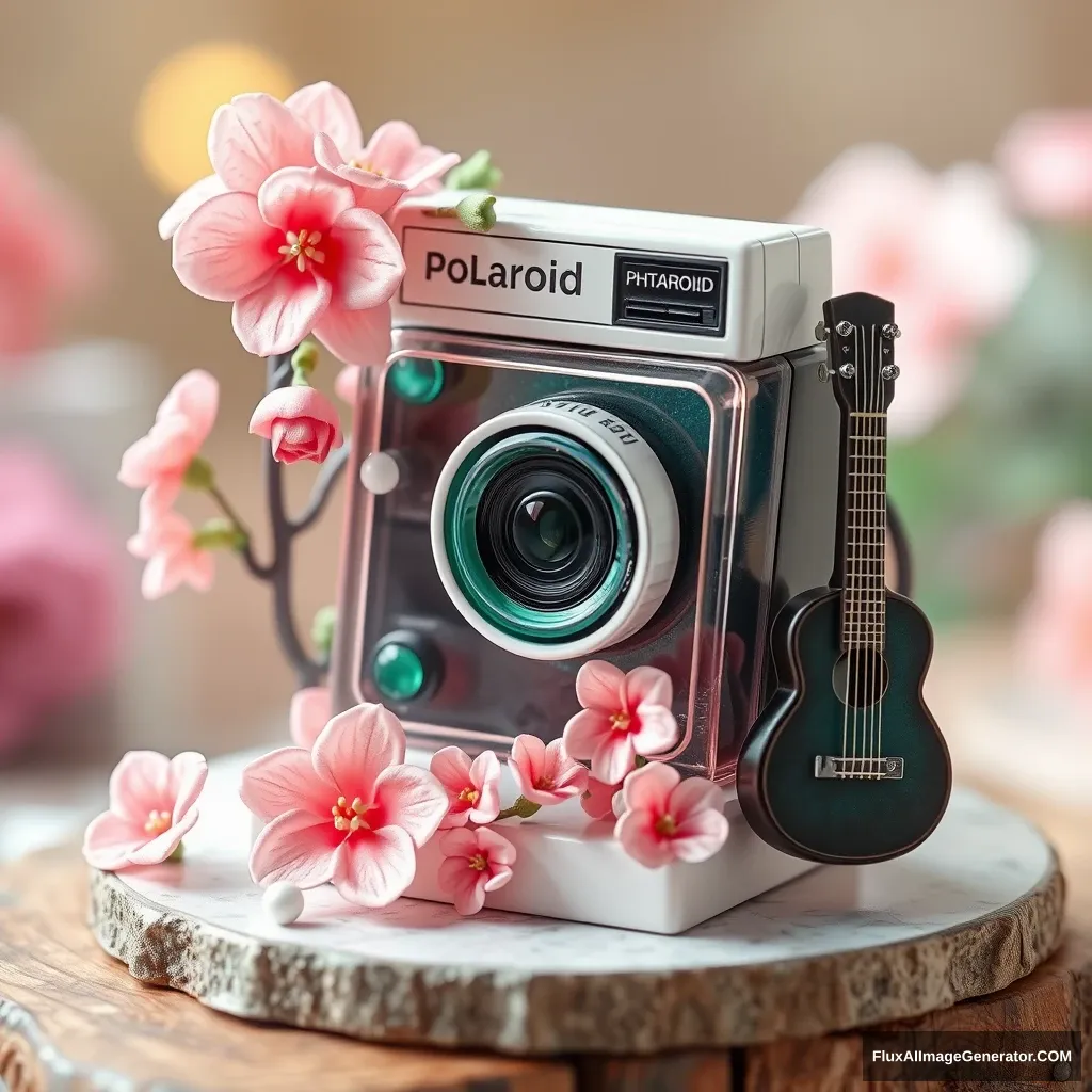 Glass Polaroid with flowers around the Polaroid, Translucent, Pink and Green Gemstone Style, Korean, Rococo, Miniatures, 3d Texture, C4D Style, Guitar on the side, --niji 6