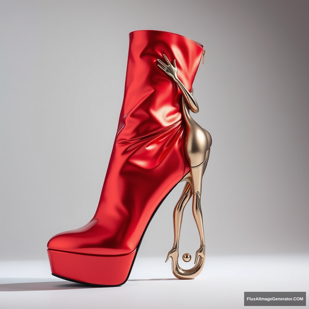 A high-fashion stiletto boot with a unique heel designed as a metallic sculpture of a woman's body in an artistic and sexy pose who embraces the boot.