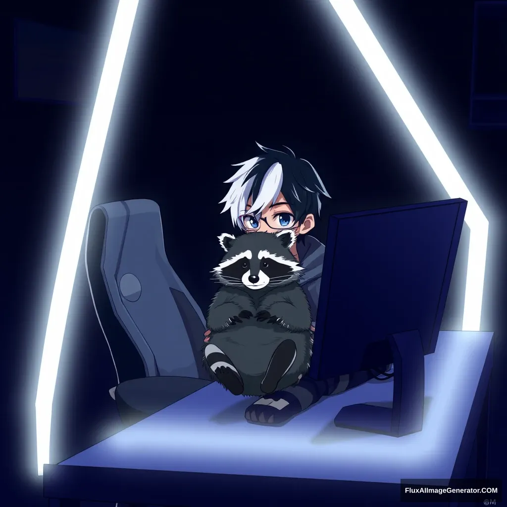 "Anime-style boy sitting at his streaming setup with half white and half black hair, holding a raccoon in his hands in a black room illuminated with white neon lights, looking at his two monitors."