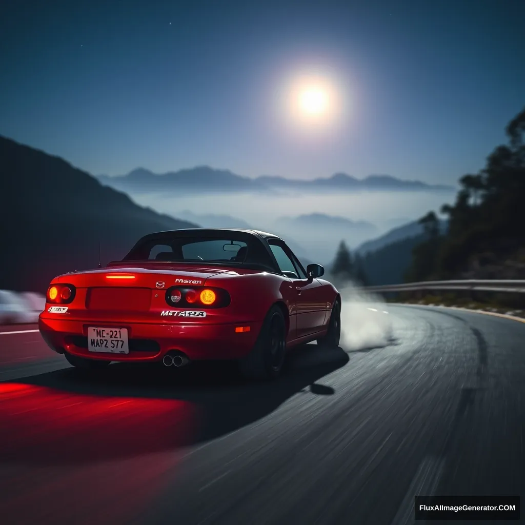 Create an image of a red 1991 Mazda Miata drifting on a Japanese mountain at night.